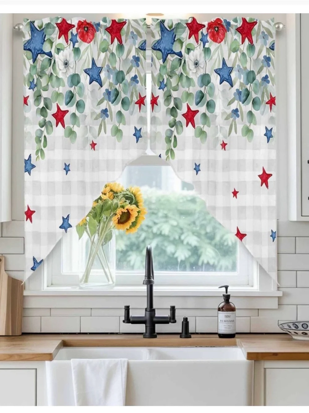 Patriotic Floral Star Window Valance Curtain 36”x36”